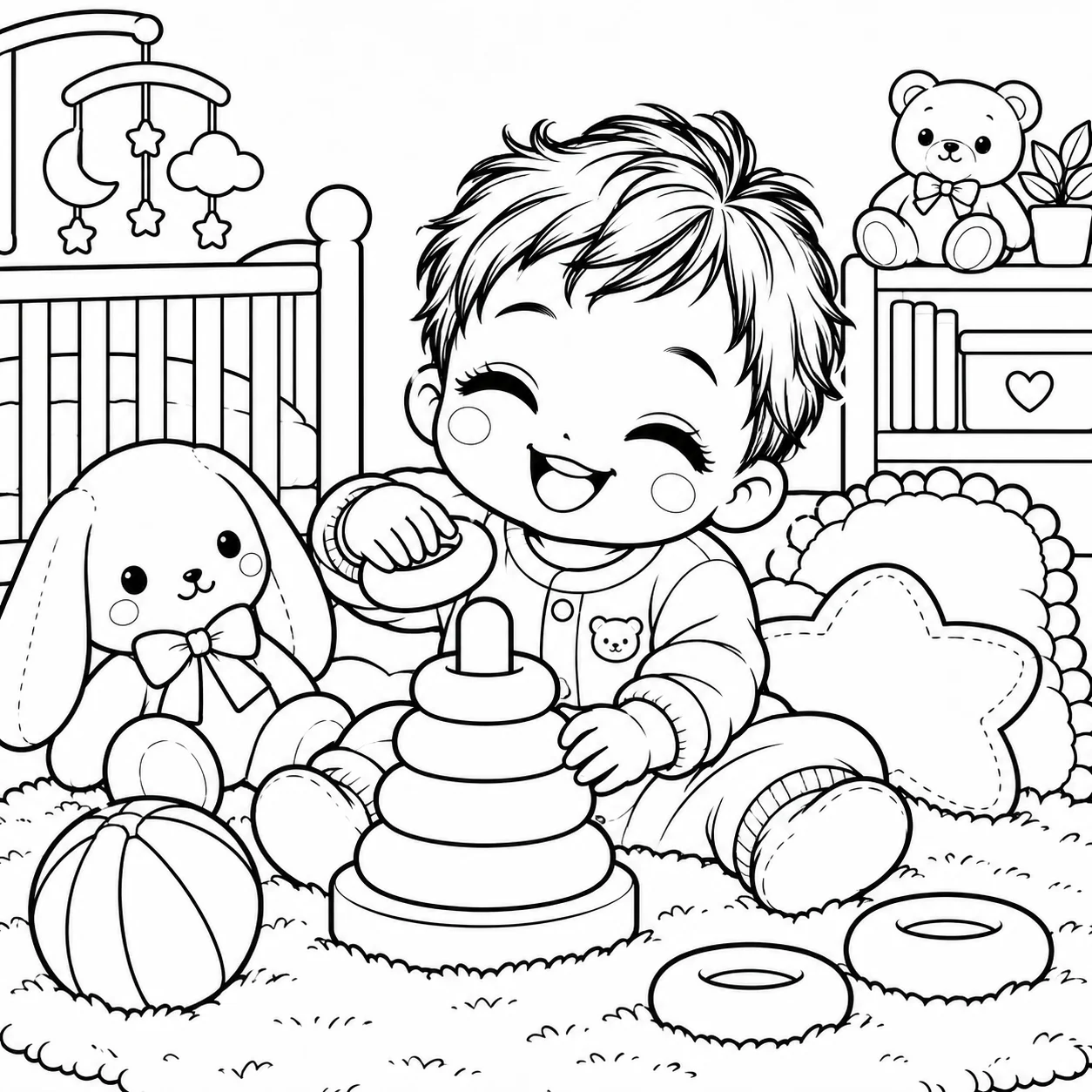 Happy baby playing with stacking toys