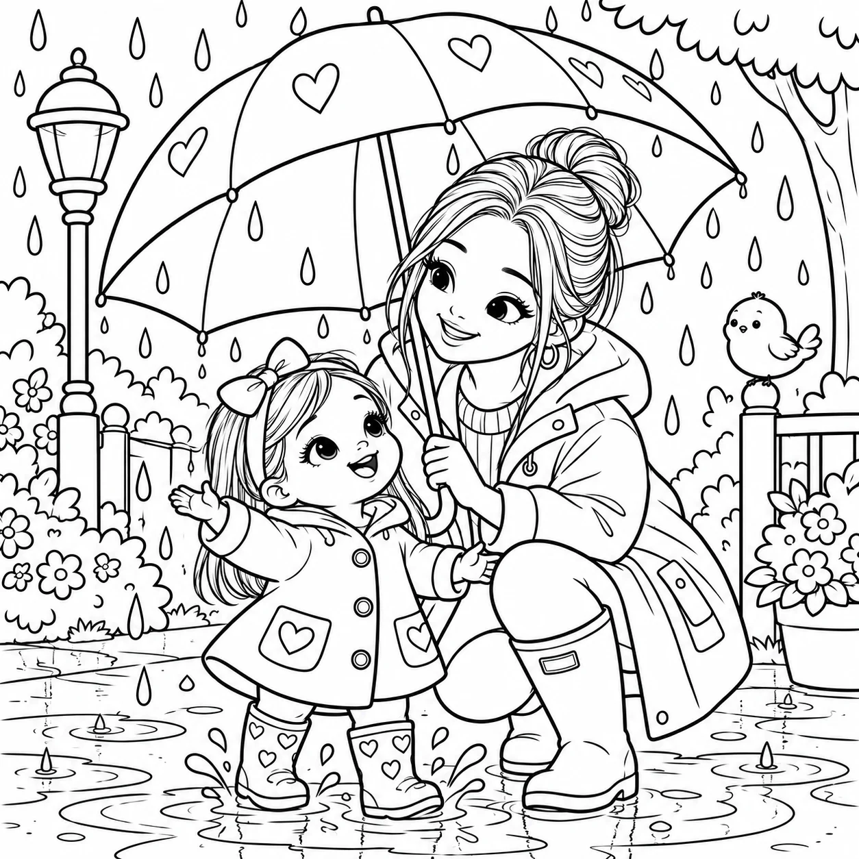 Mom and little girl under an umbrella in the rain