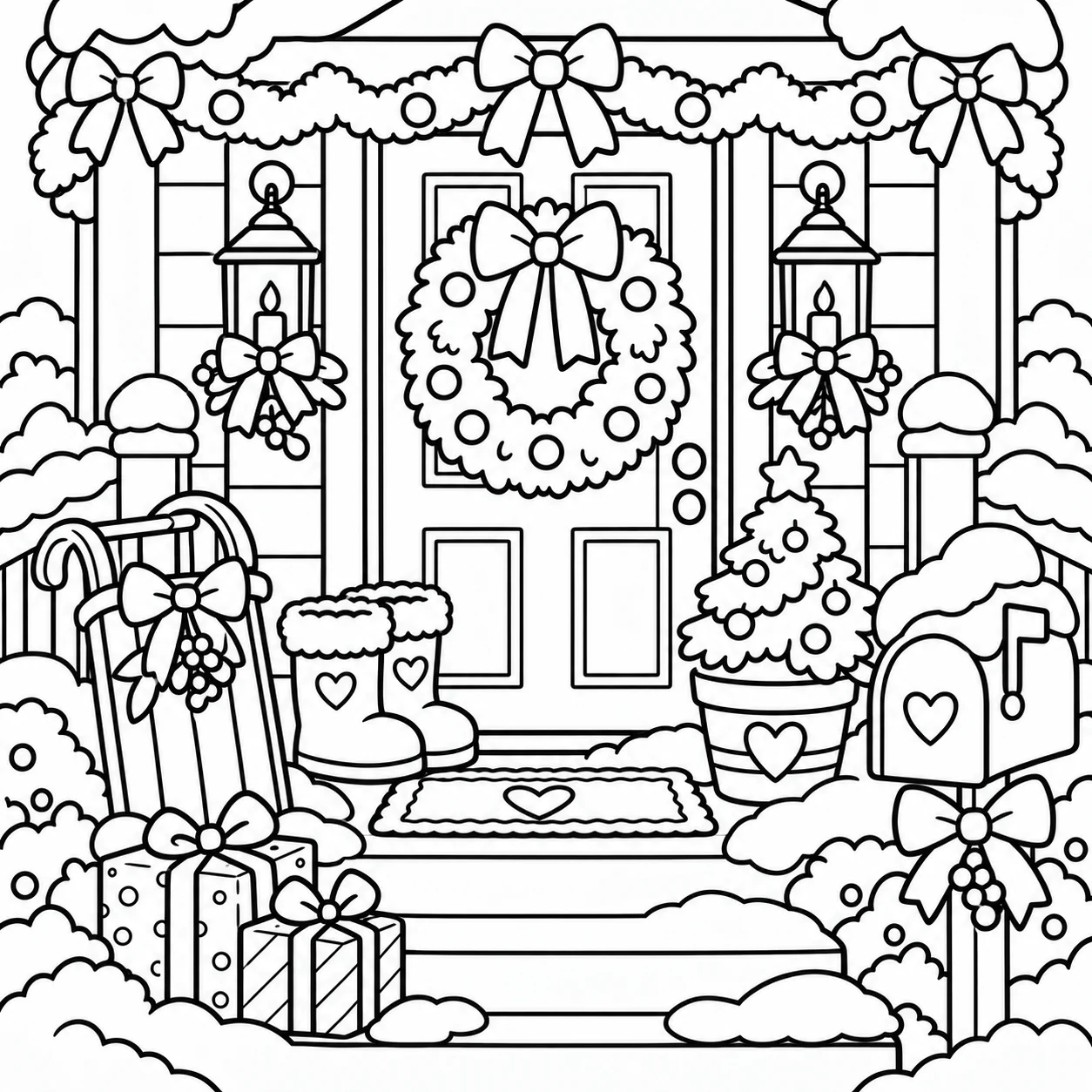 Christmas Charm decorated snowy porch coloring page