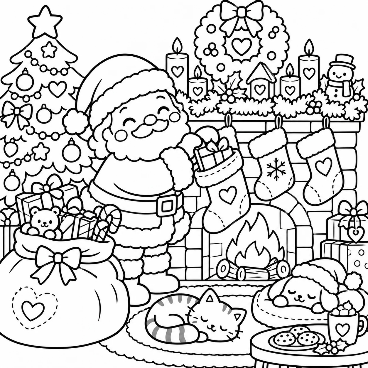 Christmas Charm Santa by the fireplace coloring page
