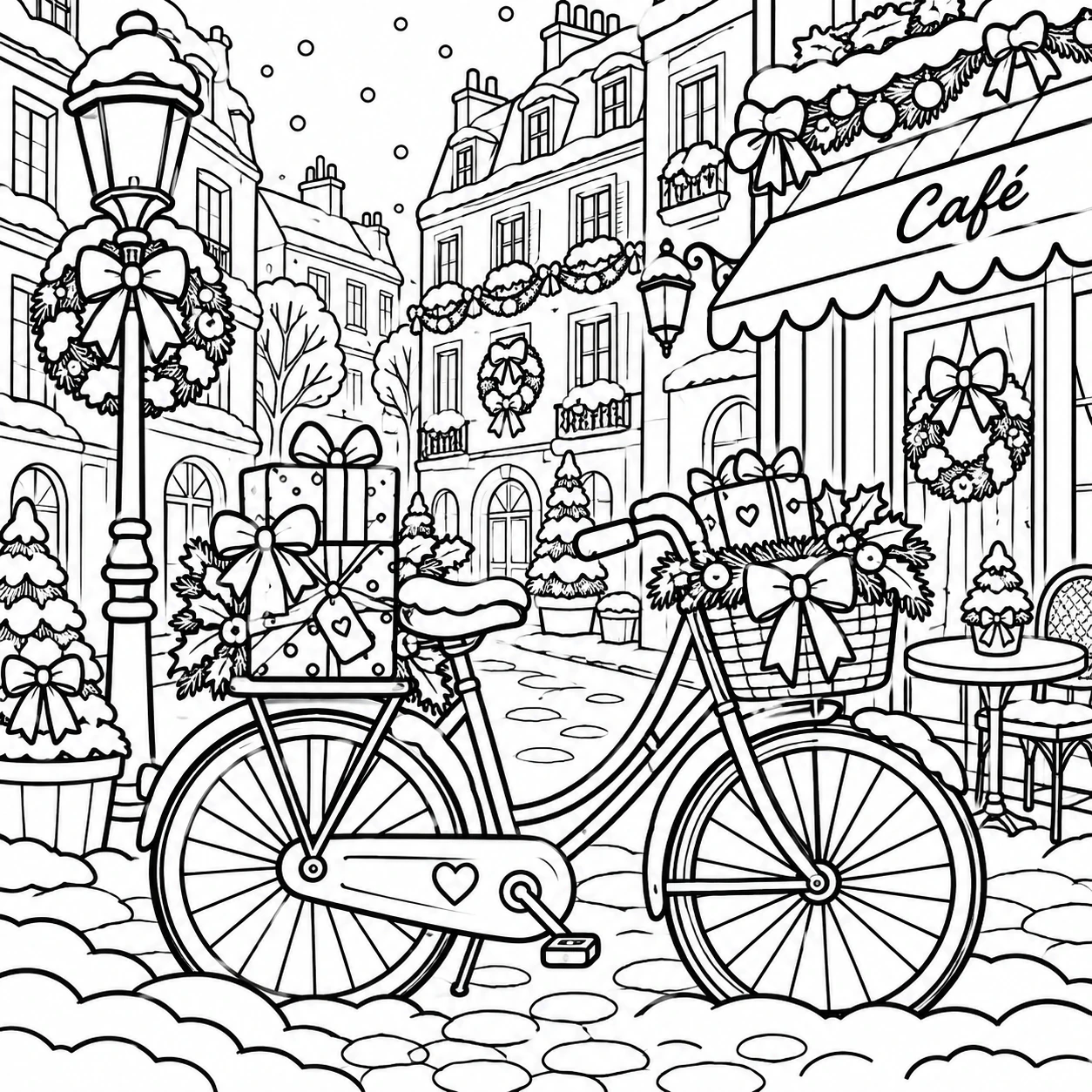 Christmas in Paris bicycle outside a snowy Paris café coloring page