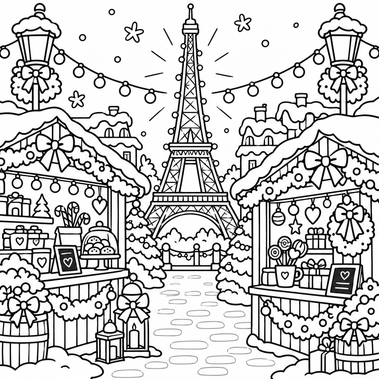 Christmas in Paris Eiffel Tower and festive market stalls coloring page