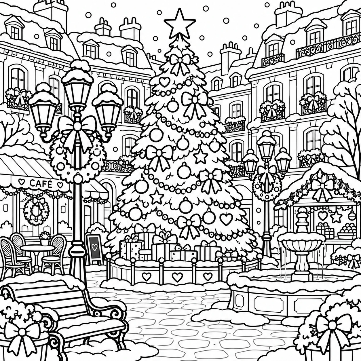 Christmas in Paris decorated Christmas tree in a snowy Paris square coloring page