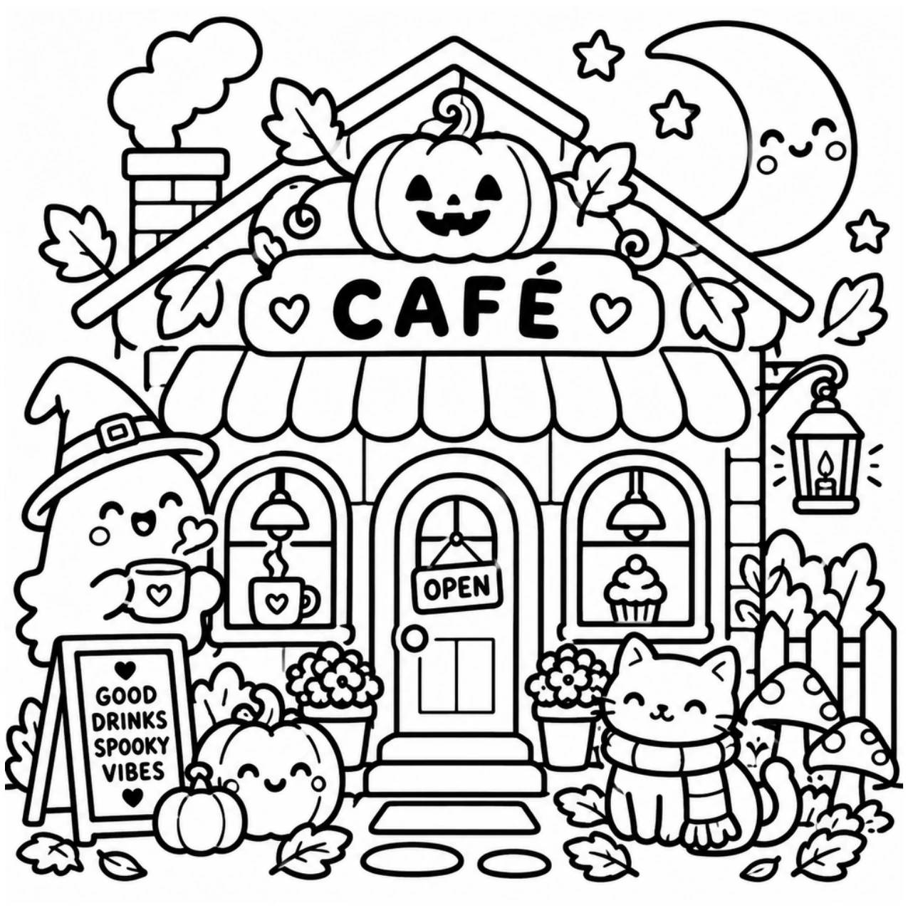 Cozy Halloween printable café coloring page