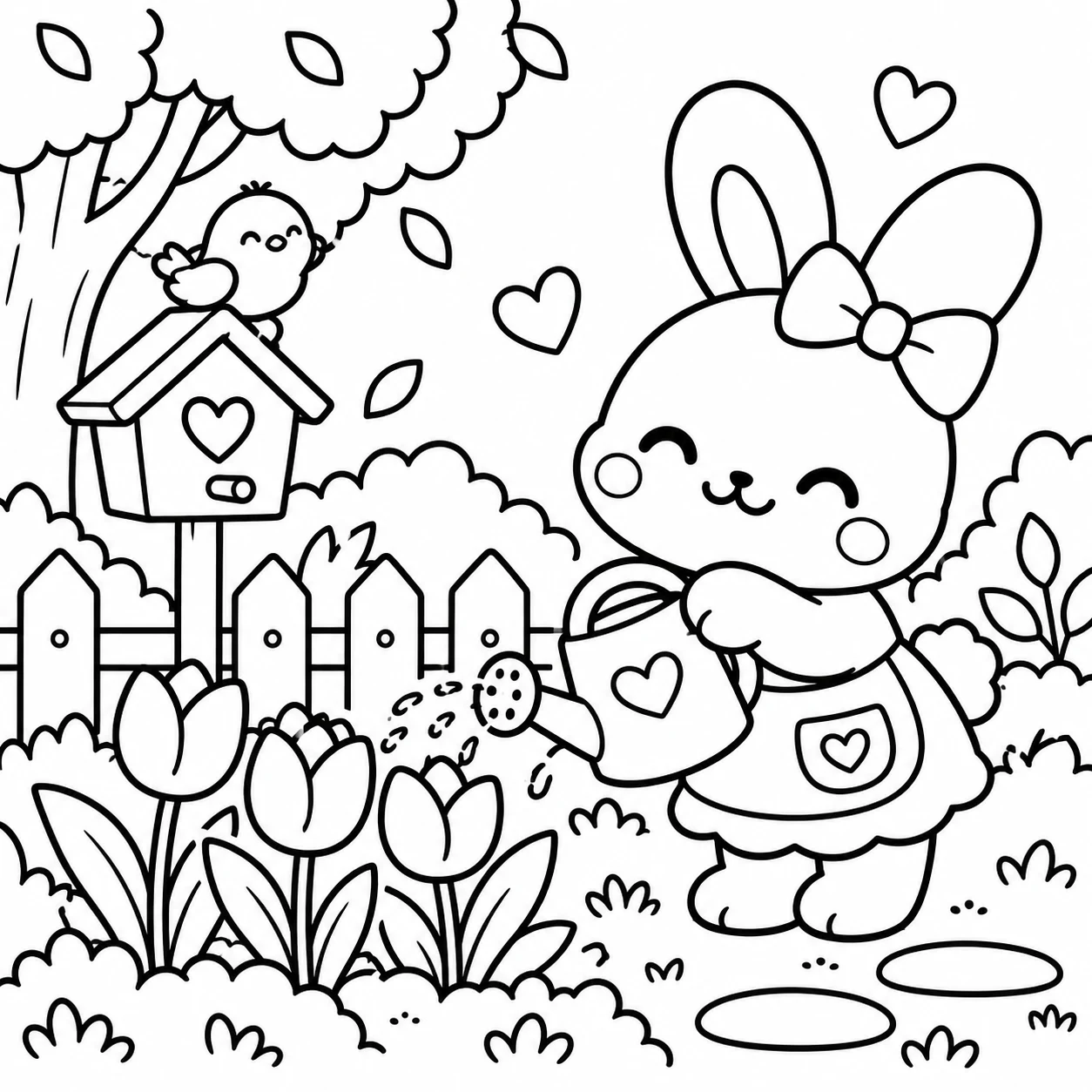 Cute Little Moments bunny watering flowers coloring page