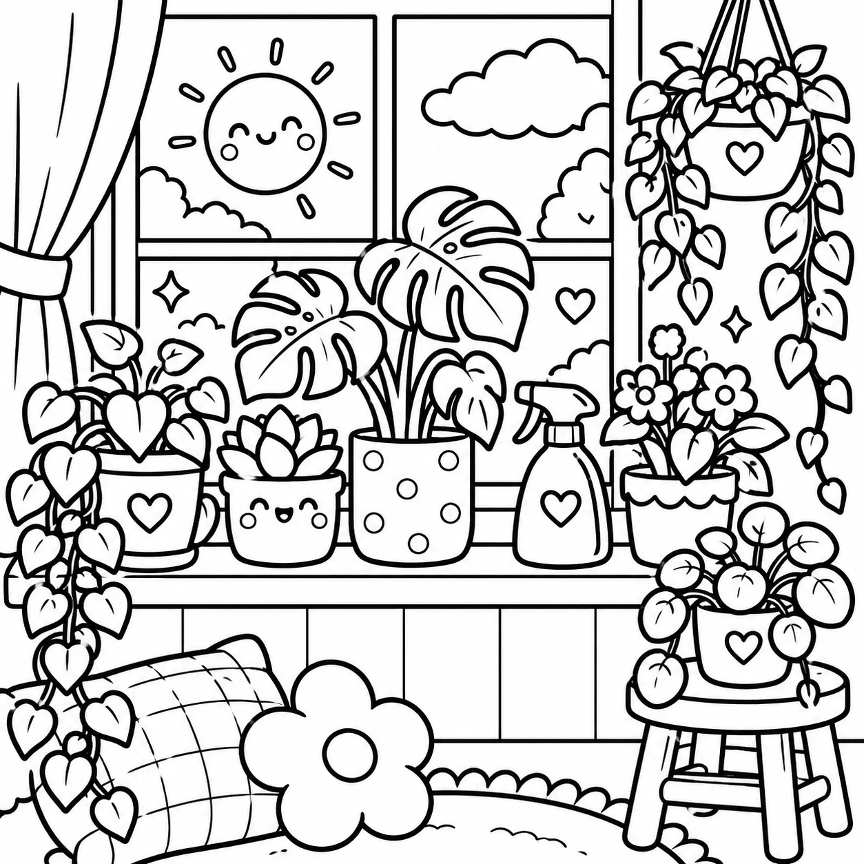 Cute Little Moments cozy plant room coloring page