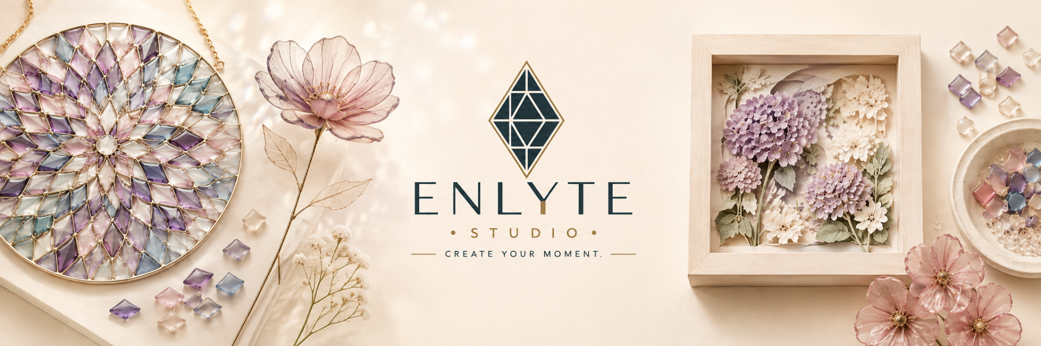 Enlyte Studio creative collection with mosaic suncatcher, flower craft and floral shadow box