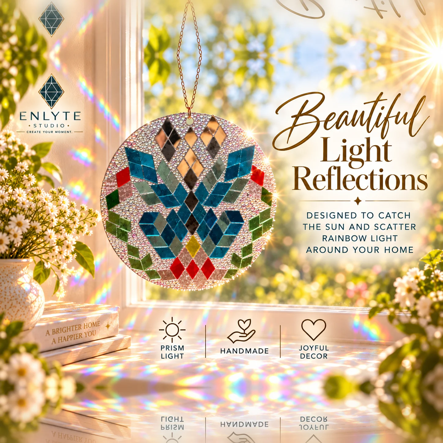 Fantasy Butterfly handmade mosaic suncatcher casting colorful reflections in natural sunlight