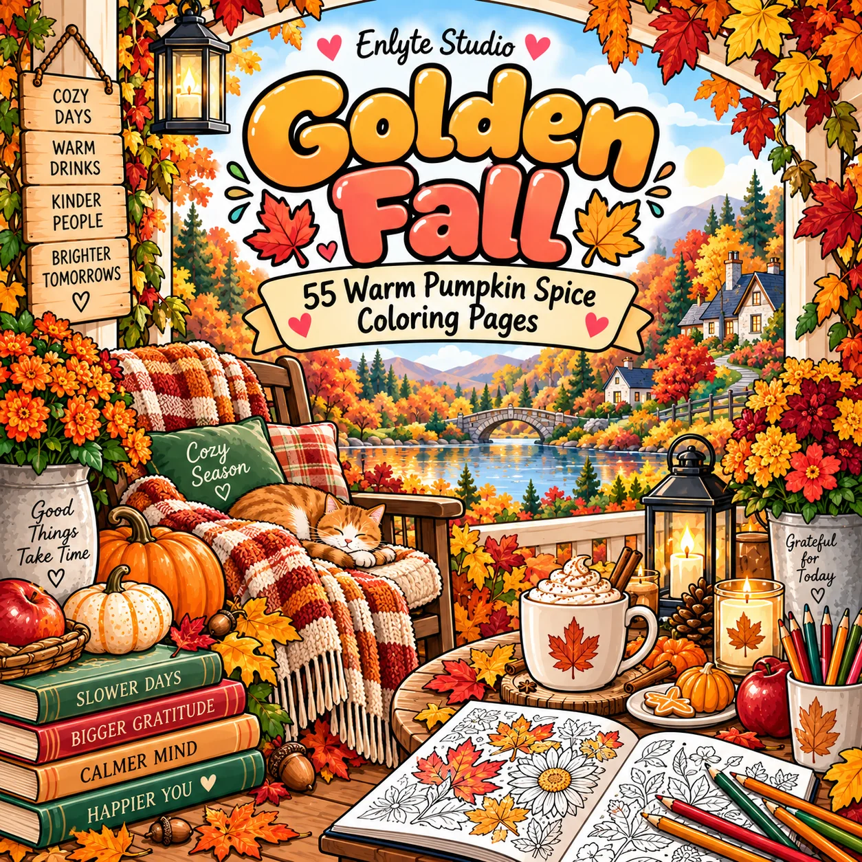 Golden Fall 55 Warm Pumpkin Spice Coloring Book