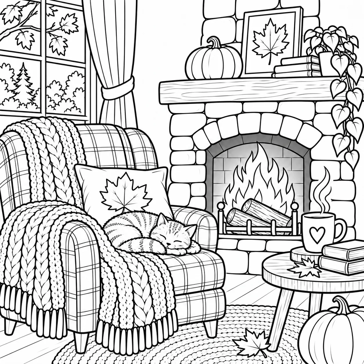 Golden Fall cozy fireplace coloring page