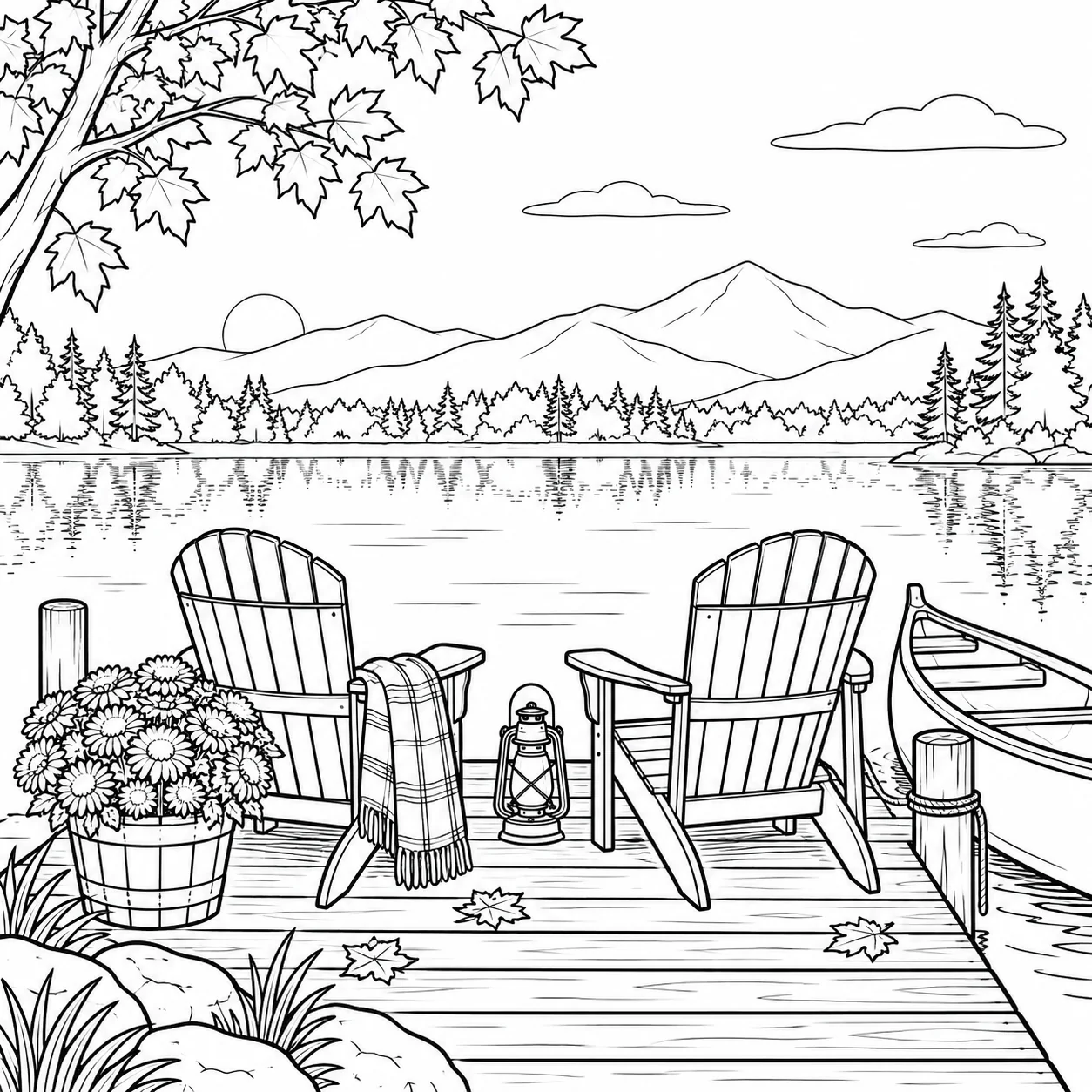 Golden Fall autumn lakeside chairs coloring page