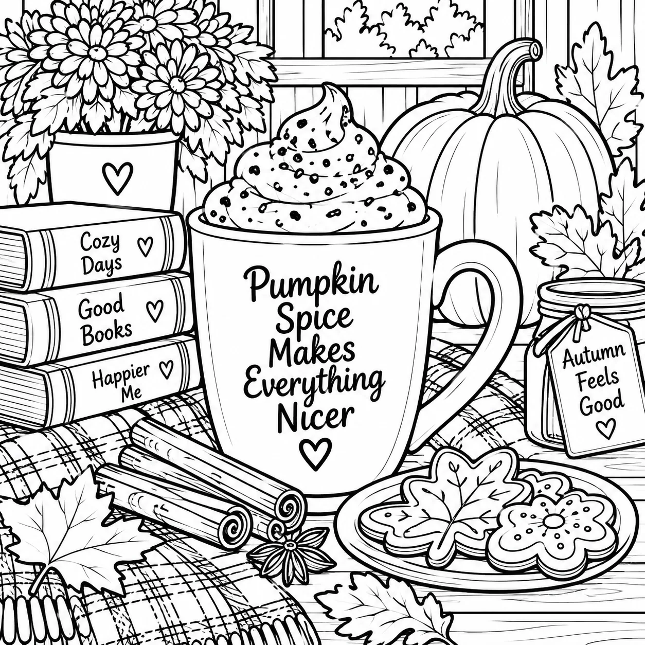 Golden Fall pumpkin spice warm drink coloring page