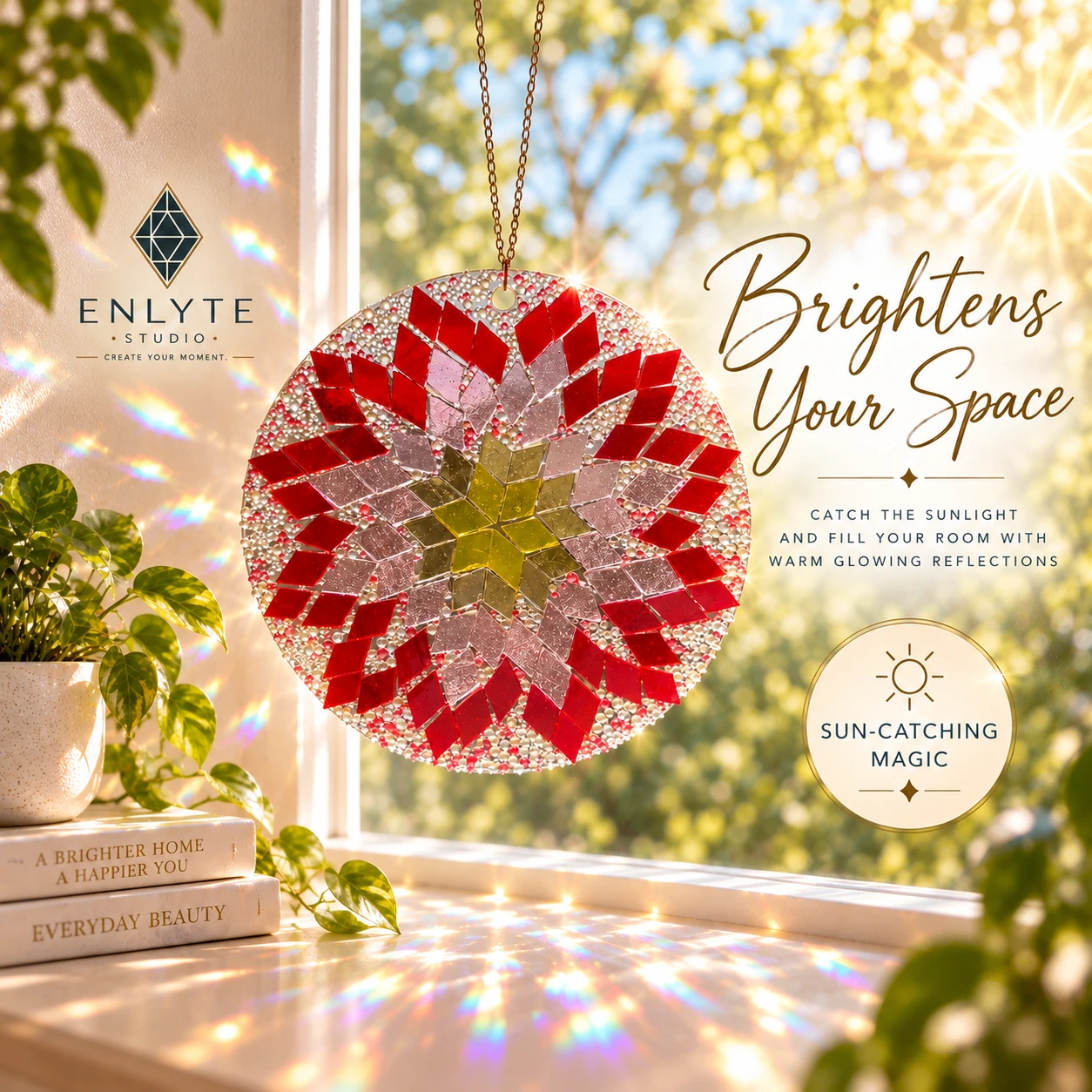 Mandala Sunset Bloom handmade suncatcher brightening a sunny window