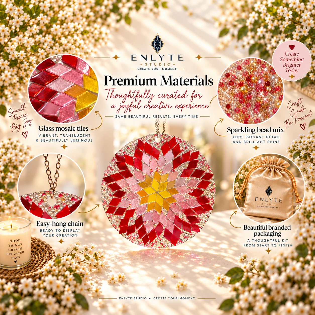 Colourful glass mosaic tiles and materials in the Mandala Sunset Bloom kit
