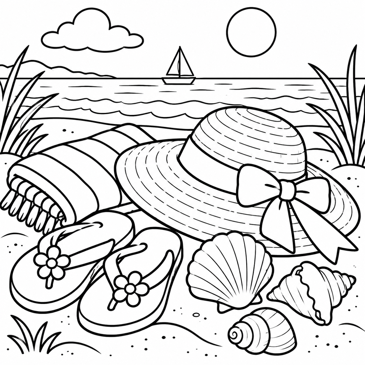 Serenity Bay sun hat, sandals and shells coloring page