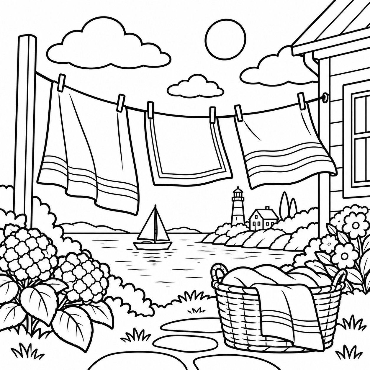 Serenity Bay coastal laundry and sea view coloring page