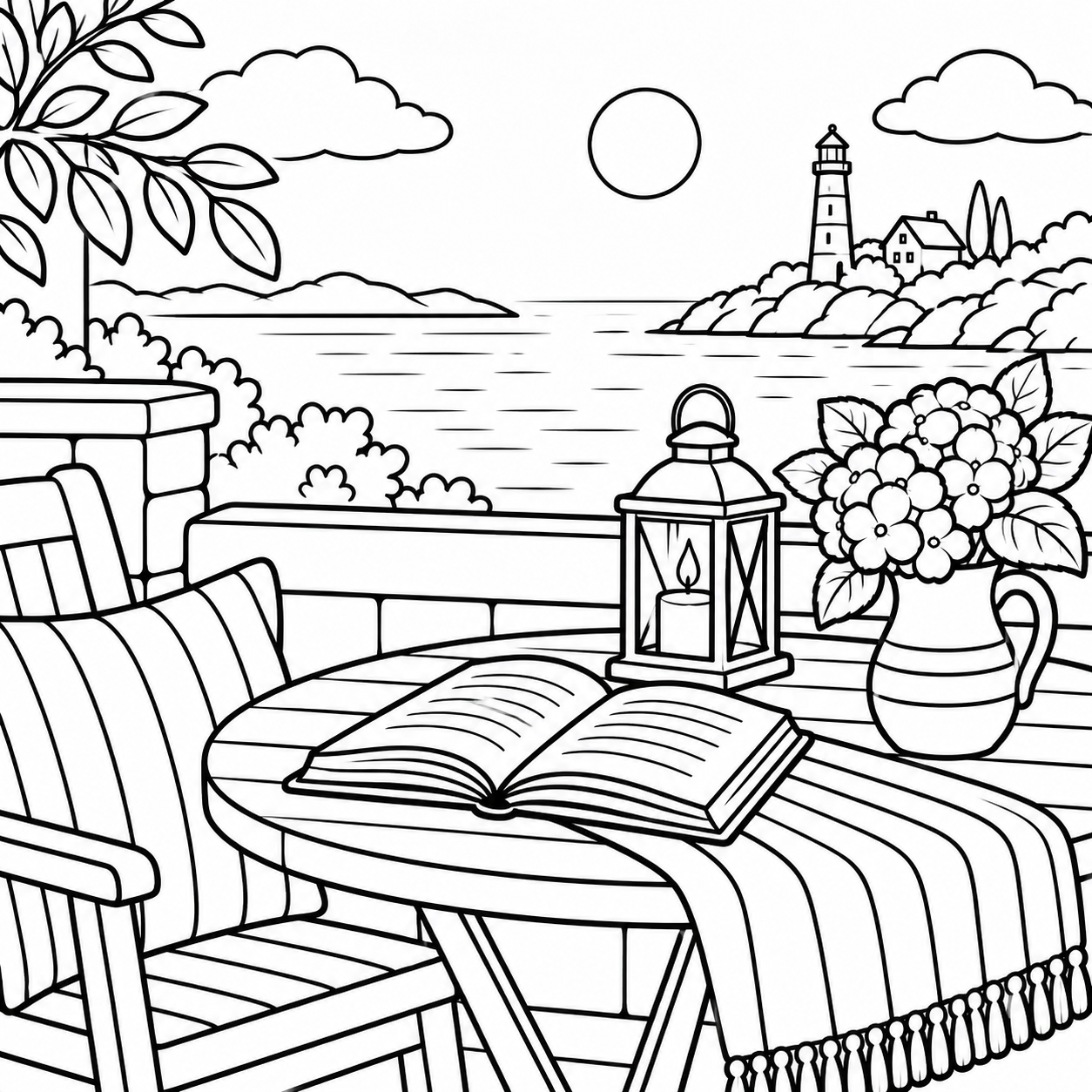 Serenity Bay reading terrace and lighthouse coloring page