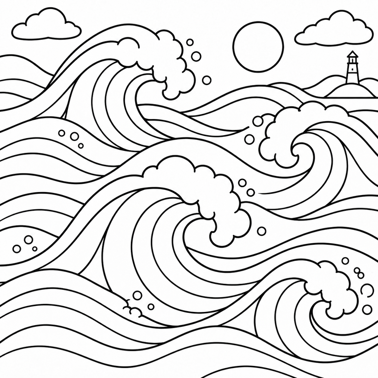 Serenity Bay ocean waves and lighthouse coloring page
