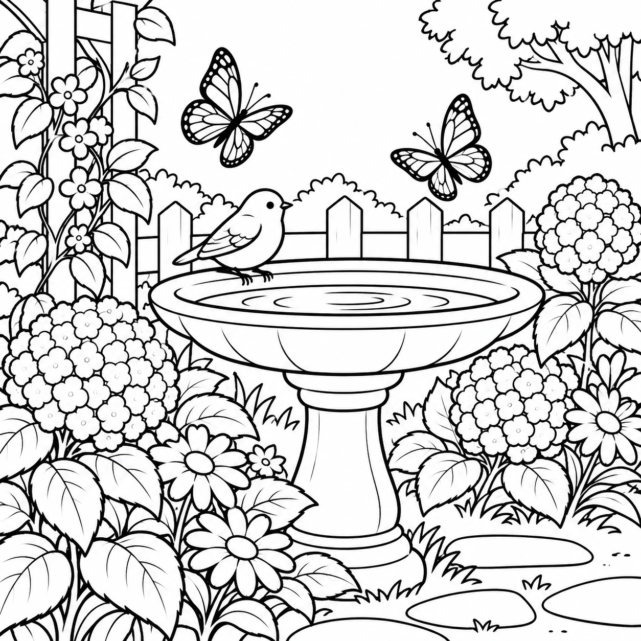 Time to Yourself birdbath, birds and butterflies coloring page