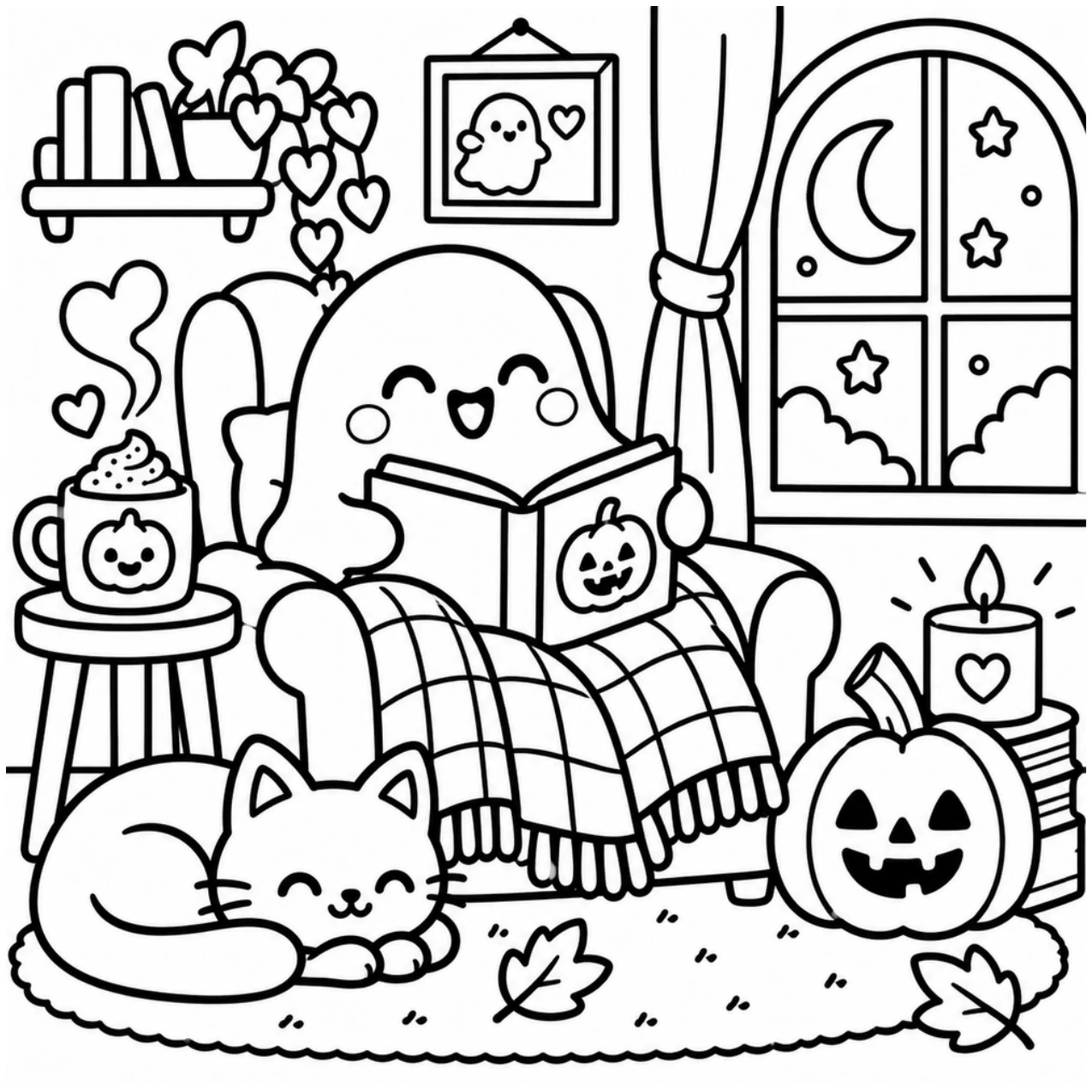 Cozy Halloween reading coloring page preview